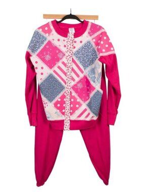 Plaid Patchwork Cardigan Sweatshirt Sweatpants M Pink Floral Lace 90s Mom Cozy